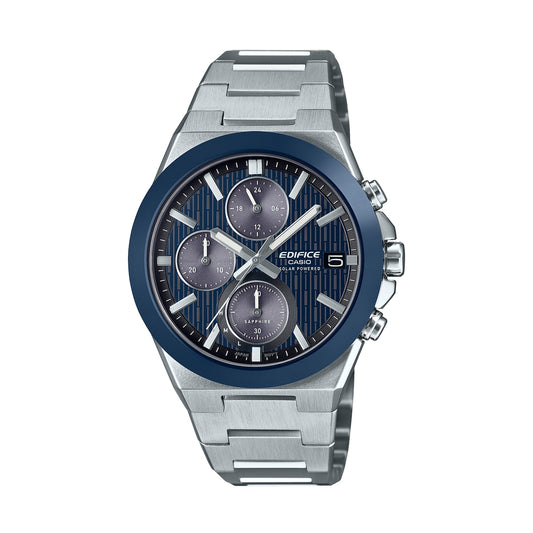 CASIO EDIFICE Mod. SOLAR POWERED CHRONOGRAPH - BLUE men's wristwatch with 10 ATM water resistance and stainless steel bracelet.