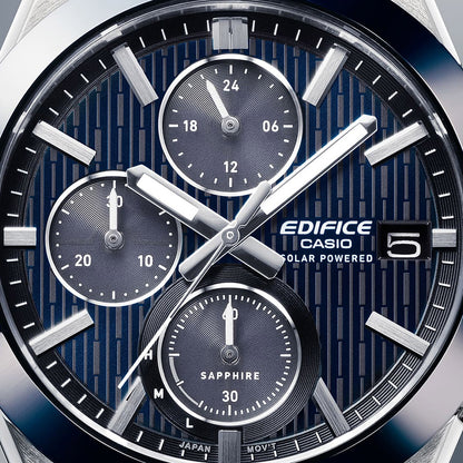 Close-up of CASIO EDIFICE Mod. SOLAR POWERED CHRONOGRAPH - BLUE watch face showing dial details and chronograph features.