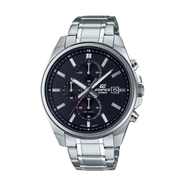 CASIO EDIFICE Mod. SPORT - CHRONO DATE BLACK wristwatch with stainless steel strap, 10 ATM water resistance, quartz movement, and chronograph.