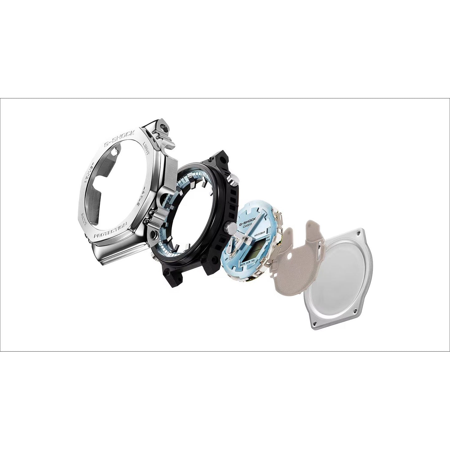 Exploded view of CASIO G-SHOCK Mod. OAK G-STEEL VIVID ORANGE showcasing its SS & resin case and mineral dial components.