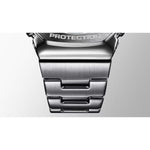 Close-up of CASIO G-SHOCK Mod. OAK G-STEEL VIVID ORANGE wristwatch stainless steel bracelet, showcasing quality craftsmanship.