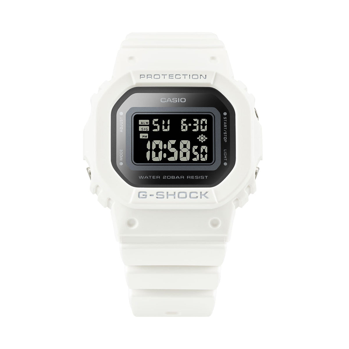 Alt Tag: CASIO G-SHOCK Mod. THE ORIGIN Small watch with white resin strap and multifunction display, 20 ATM water resistance, unisex design.