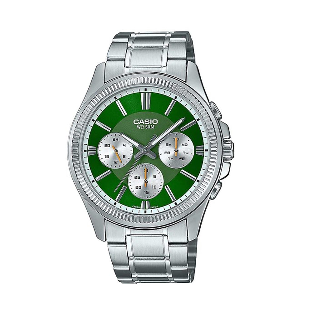 CASIO Mod. DAY DATE MULTIFUNCTION - GREEN wristwatch with stainless steel strap, green dial, quartz movement, and 5 ATM water resistance.