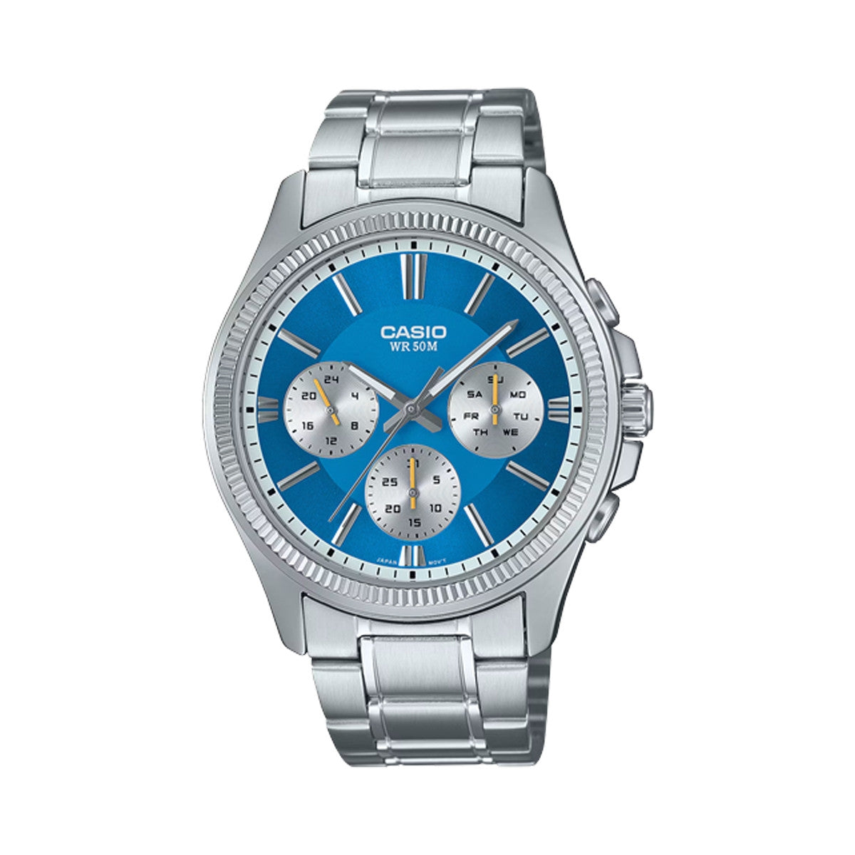 CASIO Mod. DAY DATE MULTIFUNCTION - LIGHT BLUE wristwatch with stainless steel bracelet and 43.5 mm case, water resistant to 5 ATM.