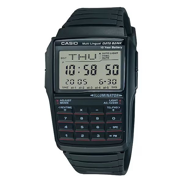 CASIO VINTAGE Mod. DATABANK CALCULATOR - BLACK wristwatch with multifunction quartz movement, resin case and strap, water resistant.