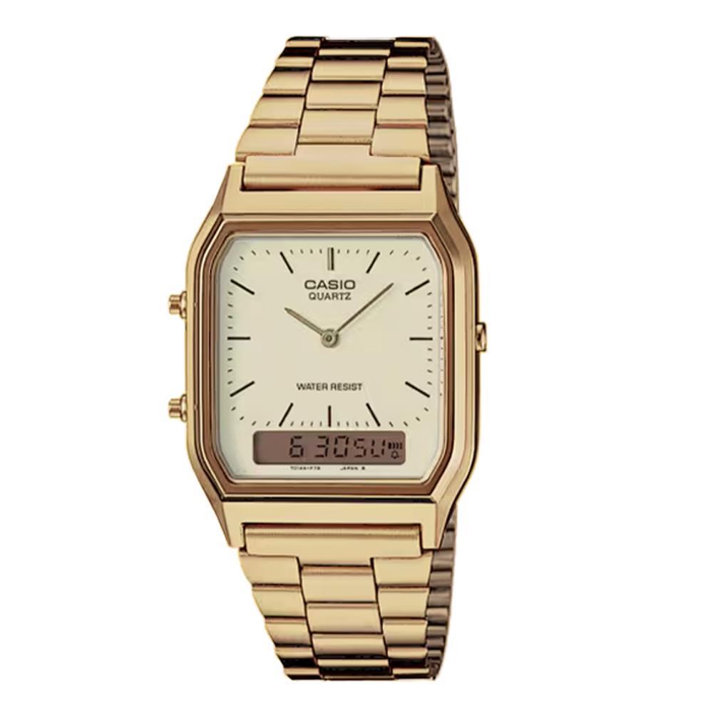 CASIO VINTAGE Mod. EDGY COLLECTION SUNRAY DIAL - GOLD wristwatch with quartz movement and dual time display in gold metal strap.
