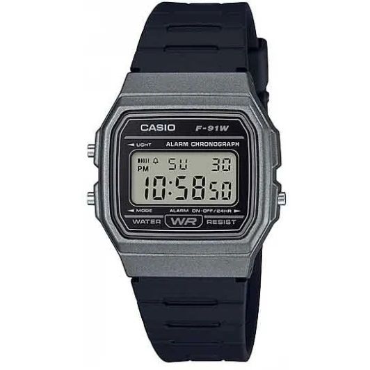 CASIO VINTAGE Mod. F-91 BIO RESIN STRAP - GREY wristwatch with digital display and resin strap, 3 ATM water resistance.