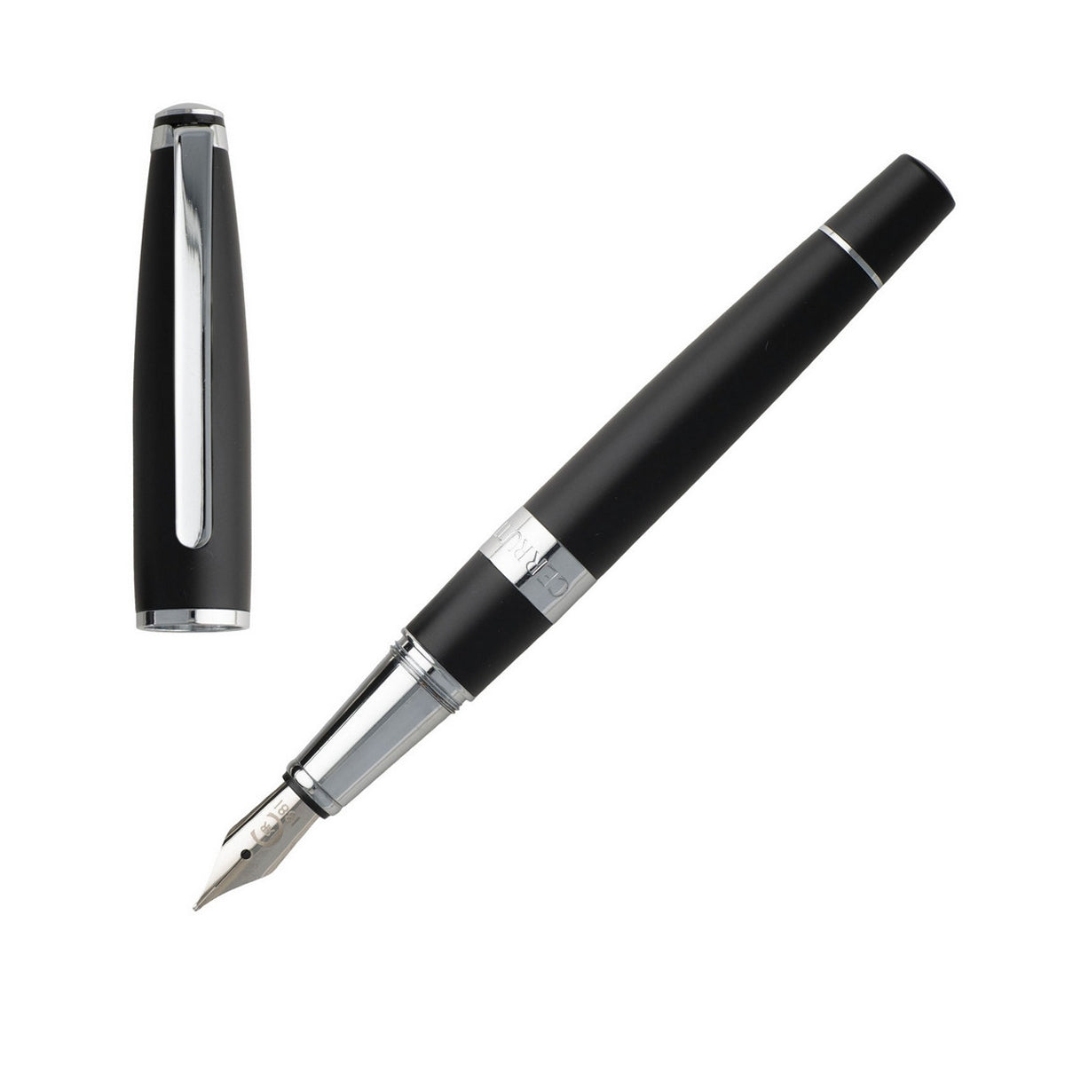 CERRUTI WRITING FASHION ACCESSORIES Mod. NSR9902A elegant black fountain pen with silver accents and cap.