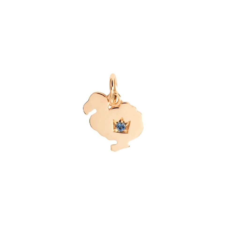 Gold charm pendant featuring intricate design, CHARMS DODO MOD. DMC4015DOD30ZS09R, with a small blue gemstone detail.
