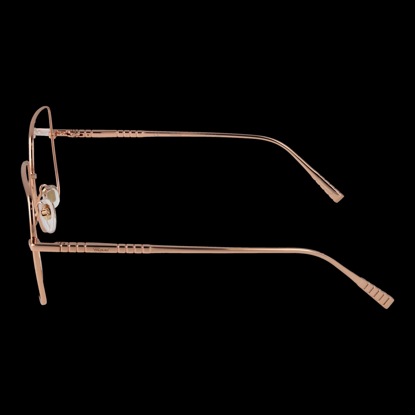 CHOPARD MOD. VCHF49M 5508FC ladies optical metal frame with official packaging box. Side view of stylish eyewear.
