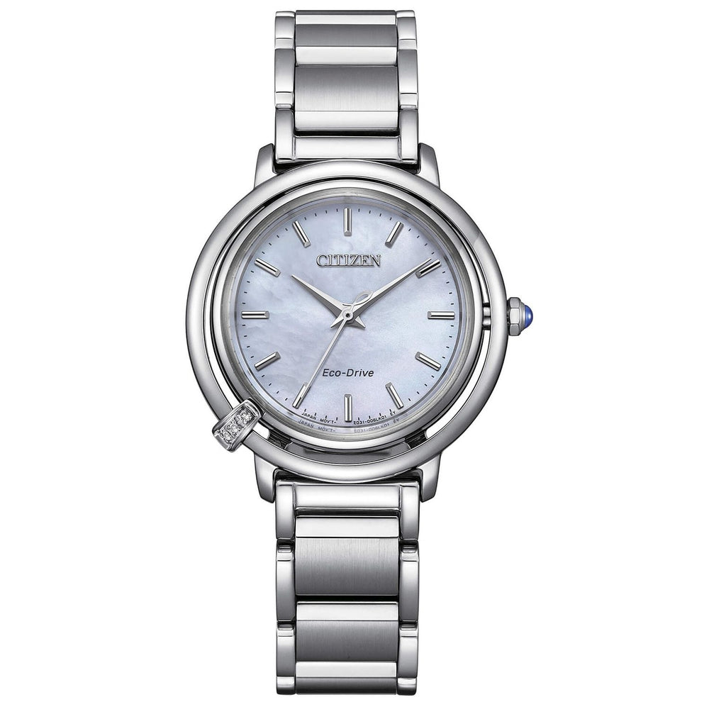 CITIZEN MOD. ARCLY watch with silver bracelet and blue dial displayed on a white background.