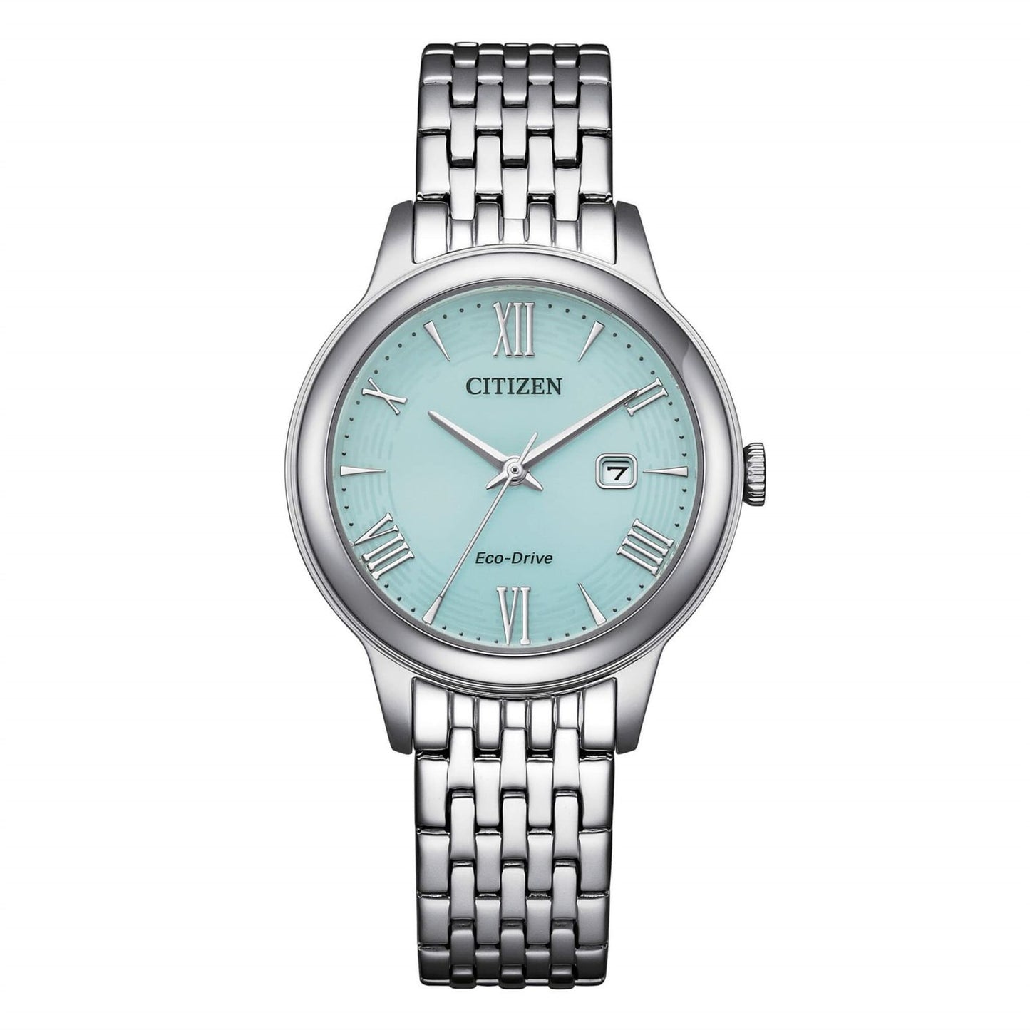 CITIZEN MOD. LADY silver watch with teal dial and date display, featuring elegant Roman numeral markers and stainless steel bracelet.