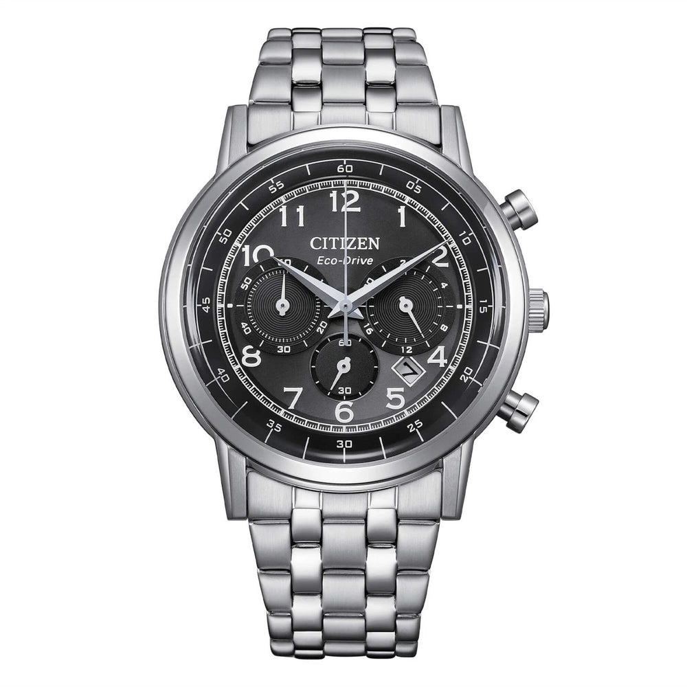 CITIZEN MOD. SPORT CRONO men's watch with stainless steel bracelet and black chronograph dial.