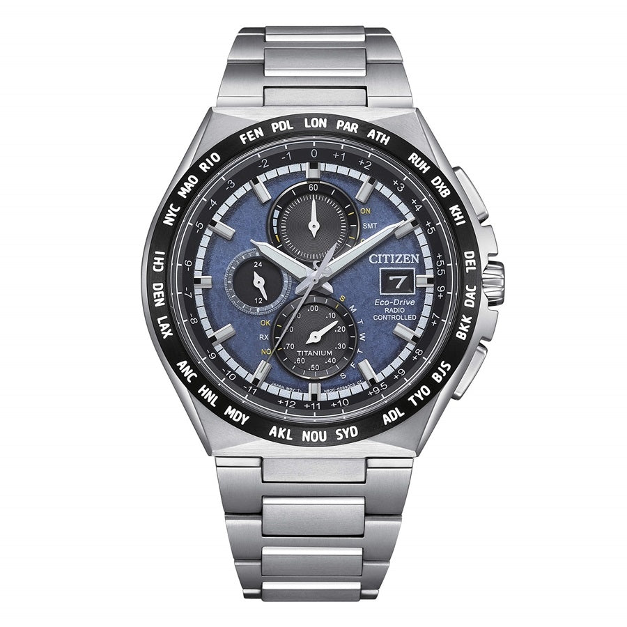 CITIZEN Mod. AT8 SUPERTITANIO watch with silver band and blue face featuring chronograph and date display