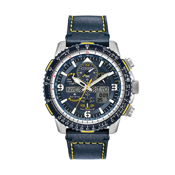CITIZEN Mod. PROMASTER Skyhawk Blue Angel wristwatch with stainless steel case, leather strap, and sapphire dial. Water resistant 20 ATM.