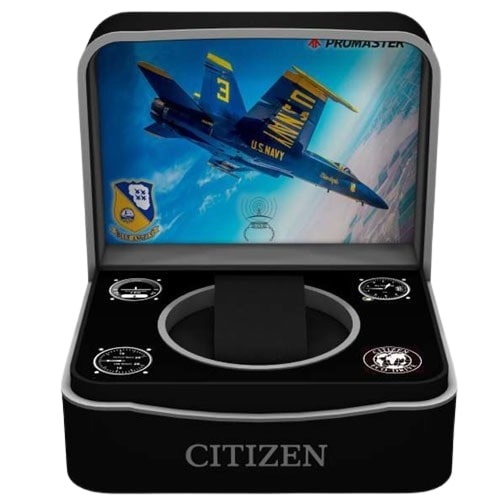 Special packaging for CITIZEN Mod. PROMASTER Skyhawk Blue Angel wristwatch featuring U.S. Navy Blue Angels plane display.