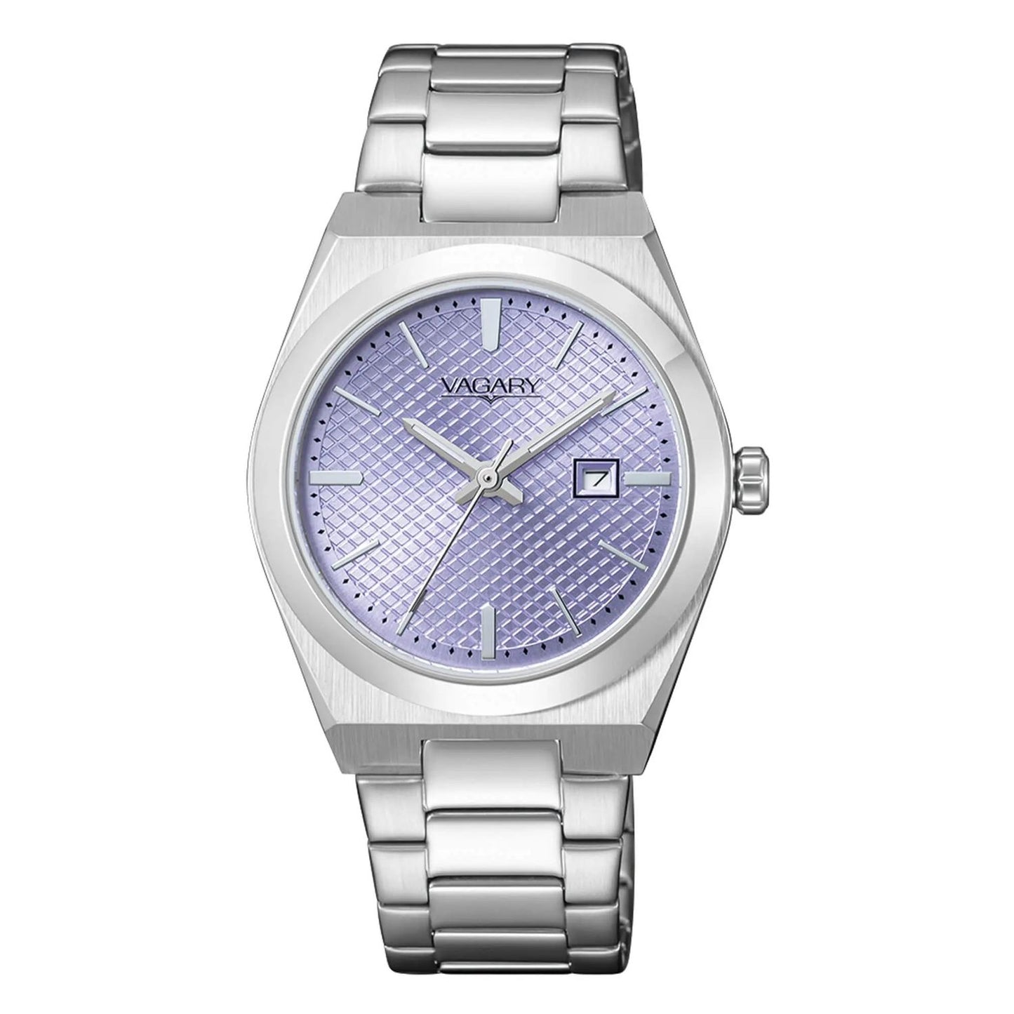 CITIZEN VAGARY MOD. IU3-118-95 silver watch with purple dial and date feature on stainless steel bracelet.