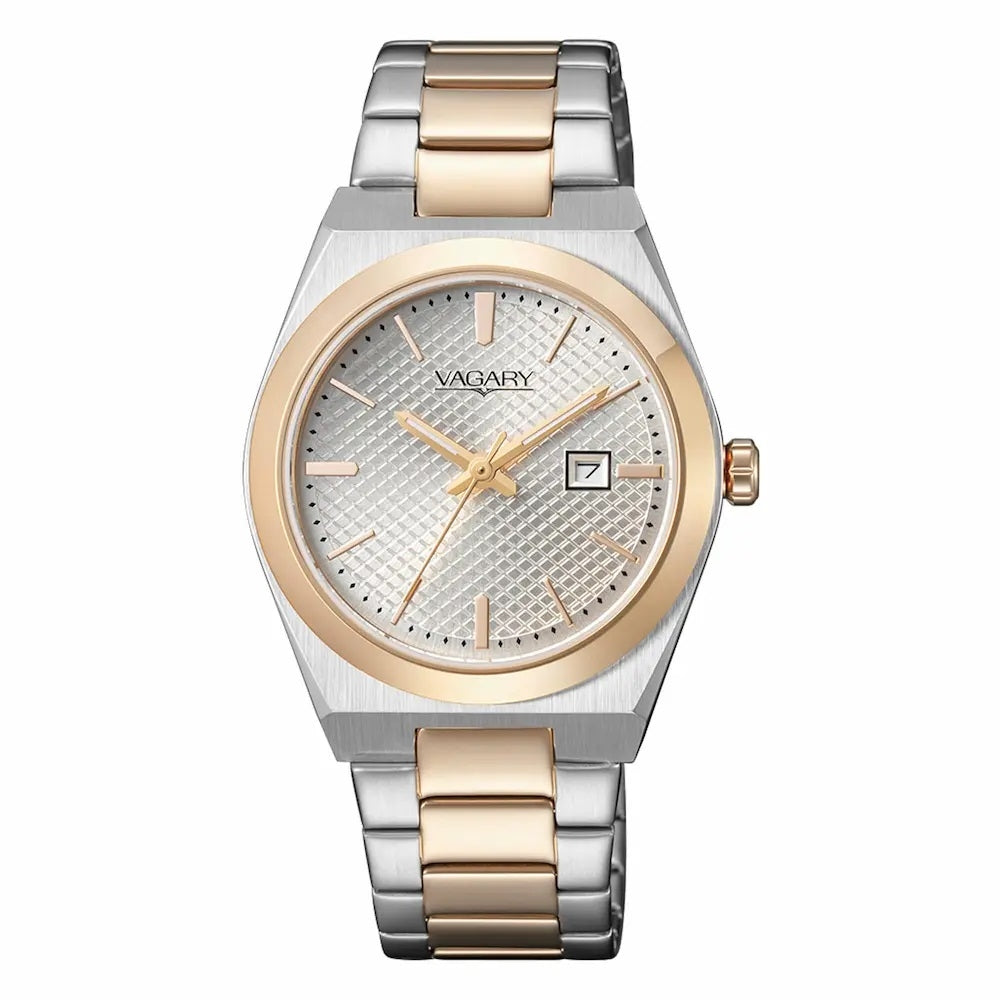 Alt Tag: CITIZEN VAGARY MOD. IU3-134-13 watch with a silver and gold stainless steel design featuring a date display.