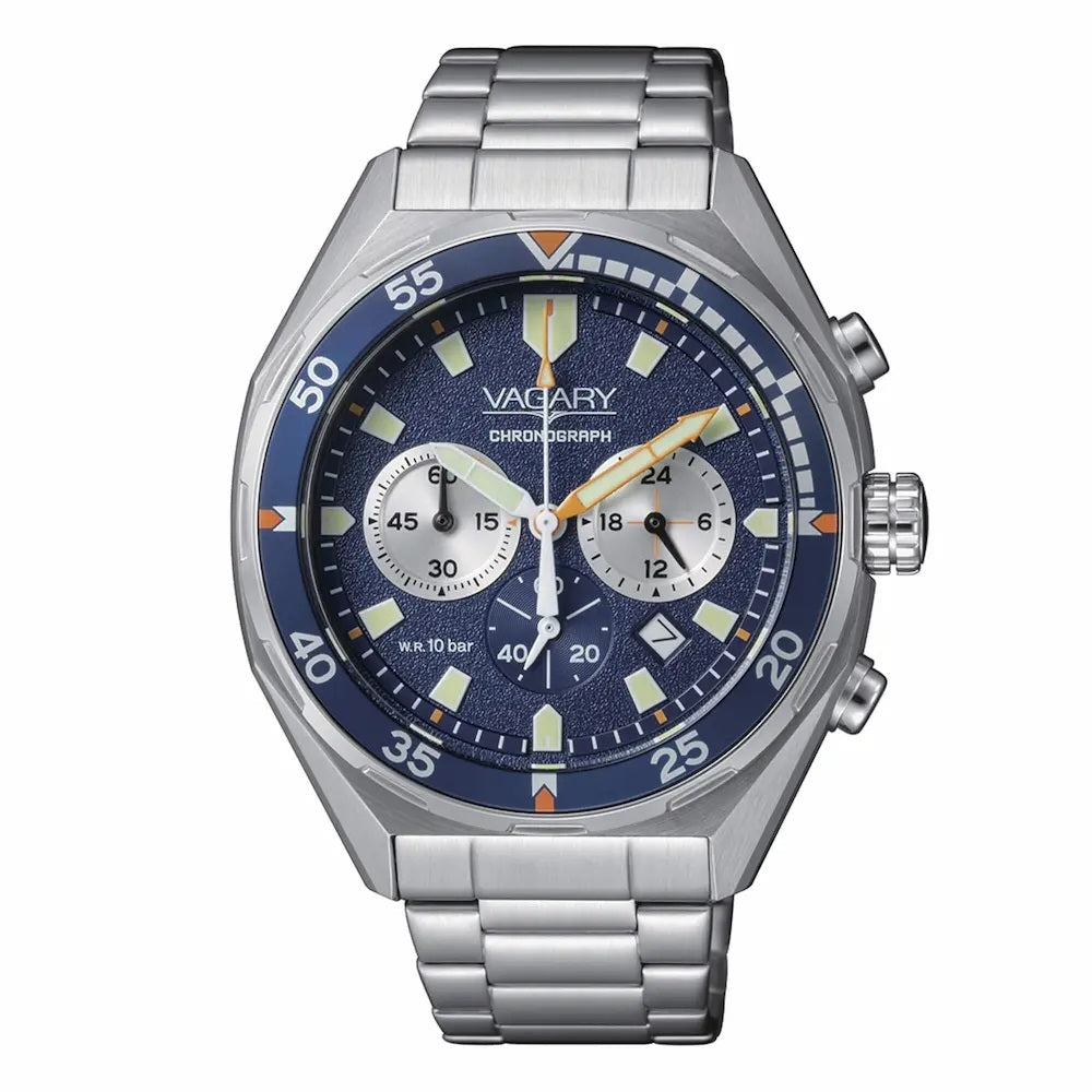 CITIZEN VAGARY MOD. IV2-010-71 stainless steel watch with blue chronograph dial and silver bracelet