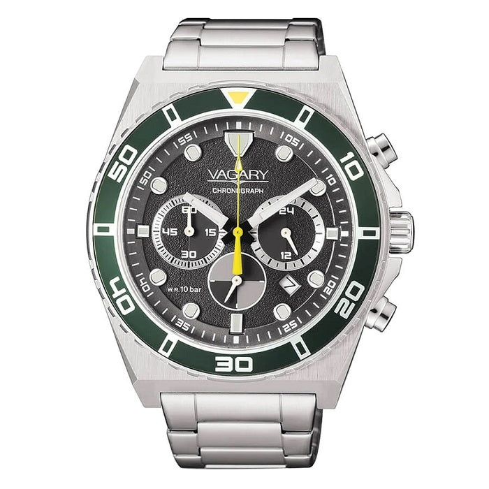 Stainless steel watch front view showcasing CITIZEN VAGARY MOD. IV4-713-53 with chronograph features and green accents