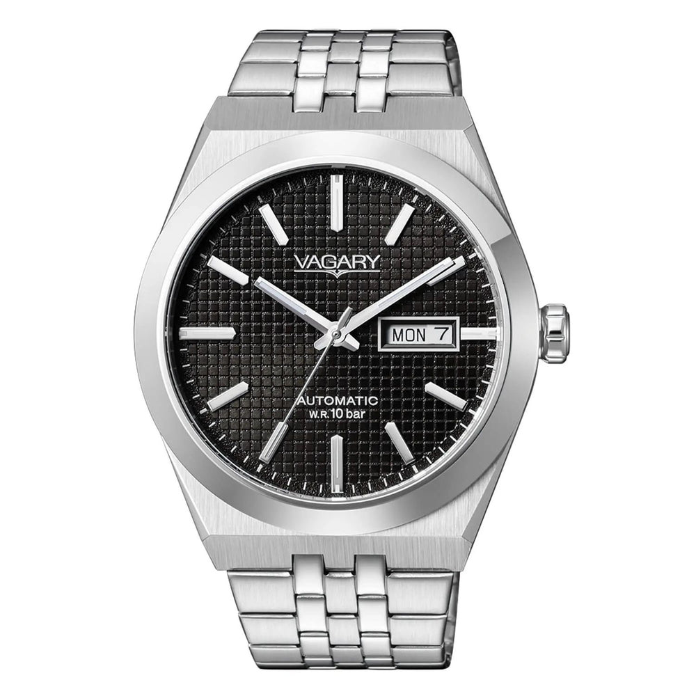 CITIZEN VAGARY MOD. IX3-513-51, silver wristwatch with black dial, automatic, water-resistant, featuring day and date display