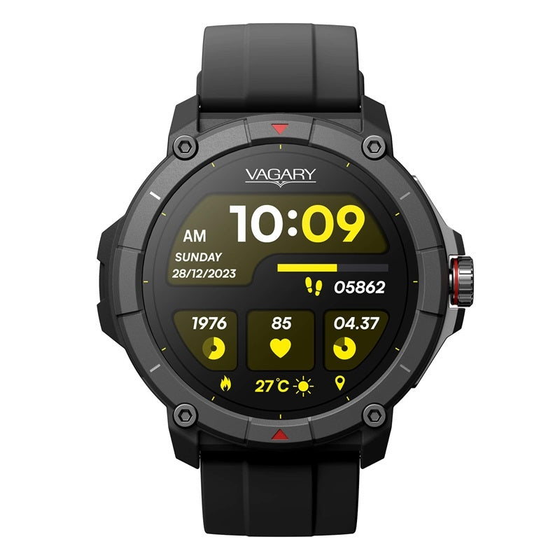 Black digital watch displaying time and fitness stats, model CITIZEN VAGARY MOD. X04A-001VY with a rugged design.