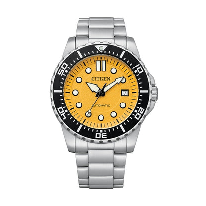 CITIZEN WATCHES Mod. NJ0170-83Z, 43mm stainless steel wristwatch, water-resistant 10 ATM, automatic movement, yellow dial, SS bracelet