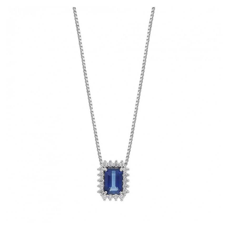 Silver necklace with a rectangular blue gemstone pendant, COLLANE COMETE MOD. GLB1662 displayed on a white background.