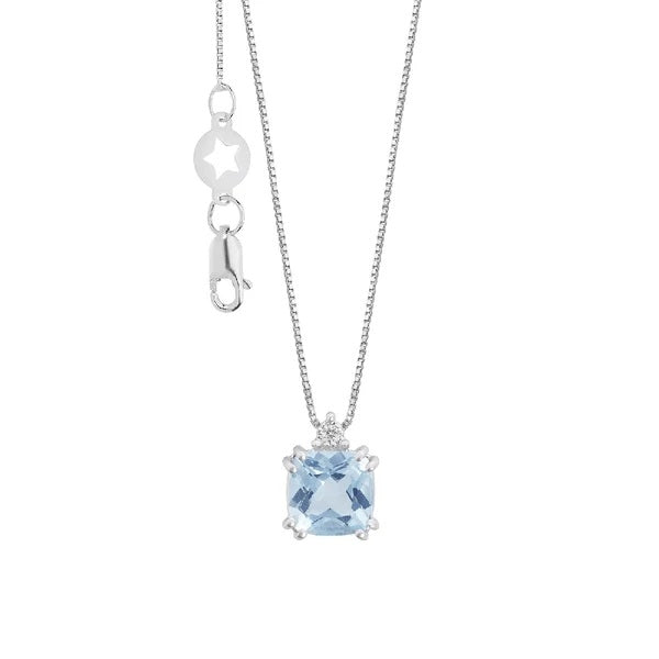 Elegant necklace featuring a blue gemstone pendant, labeled as "COLLANE COMETE MOD. GLQ314", with a delicate silver chain.