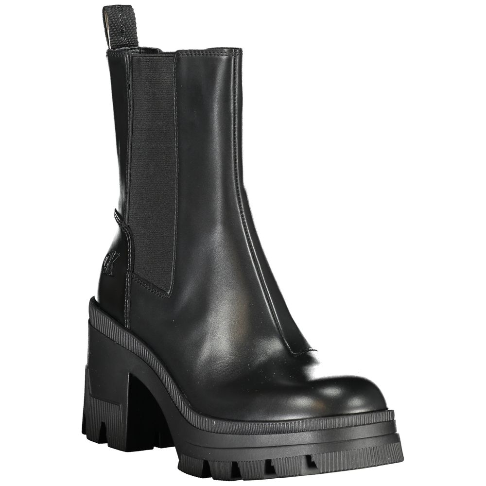 Calvin Klein Black Leather Women Boot with 8 cm heel, showcasing chic style and iconic logo in polyester and leather blend.