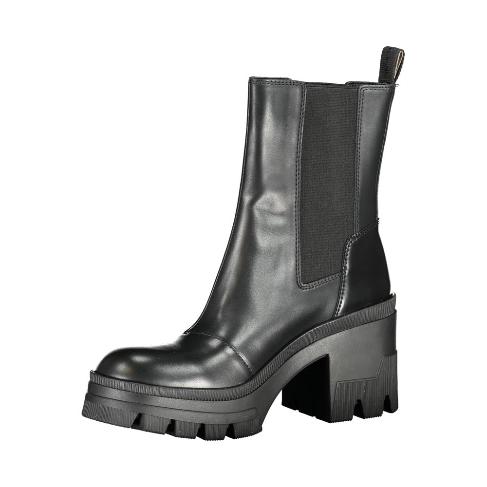 Calvin Klein Black Leather Women Boot with 8 cm heel, elegant design, and striking logo print for chic style.