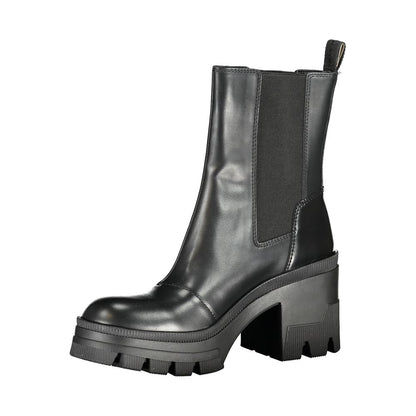 Calvin Klein Black Leather Women Boot with 8 cm heel, elegant design, and striking logo print for chic style.