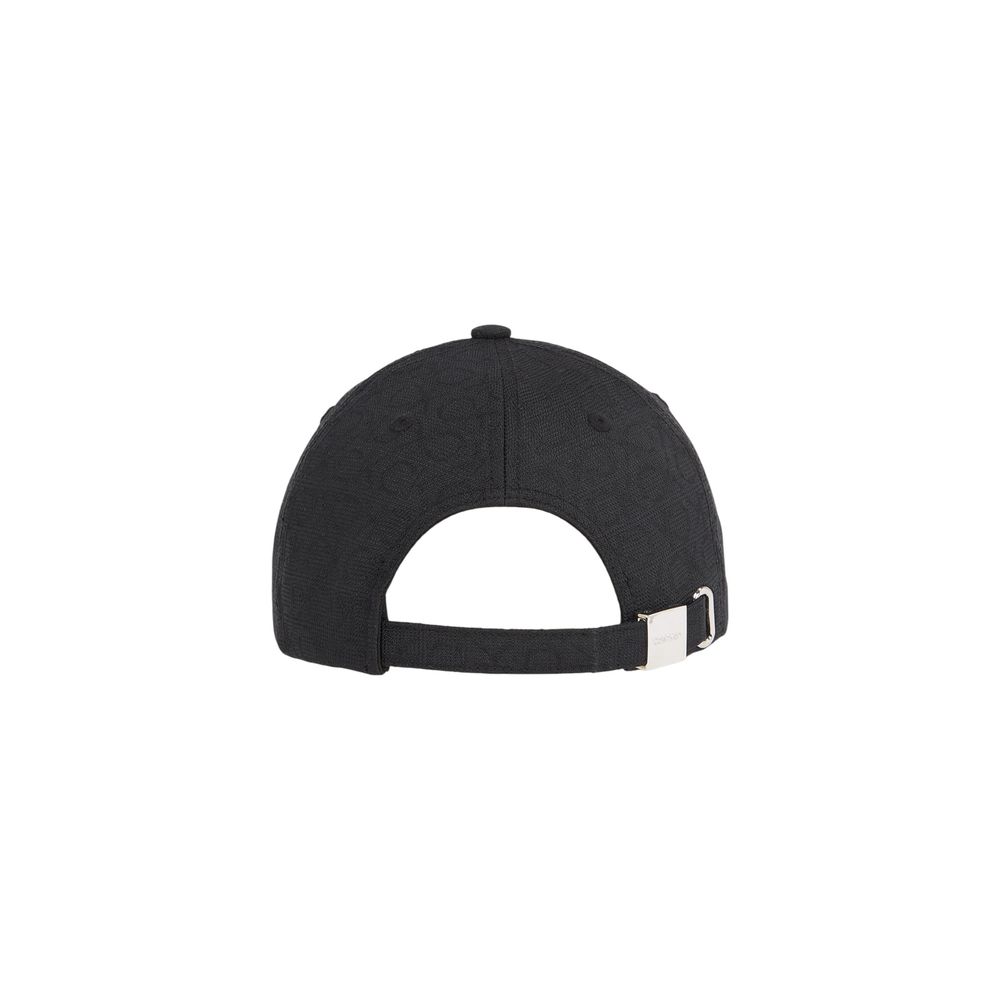 Back view of Calvin Klein Black Recycled Polyester Cap (Baseball Hat) with adjustable strap and jacquard monogram design.
