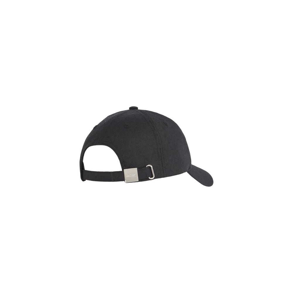 Back view of Calvin Klein Black Recycled Polyester Cap (Baseball Hat) with adjustable strap and visor, made from sustainable materials.