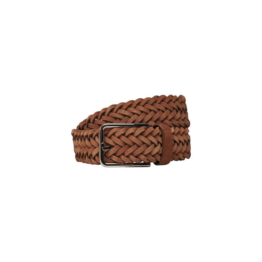 Calvin Klein Brown Leather Regular Belt with braided suede design and metal buckle, elegant accessory for men.