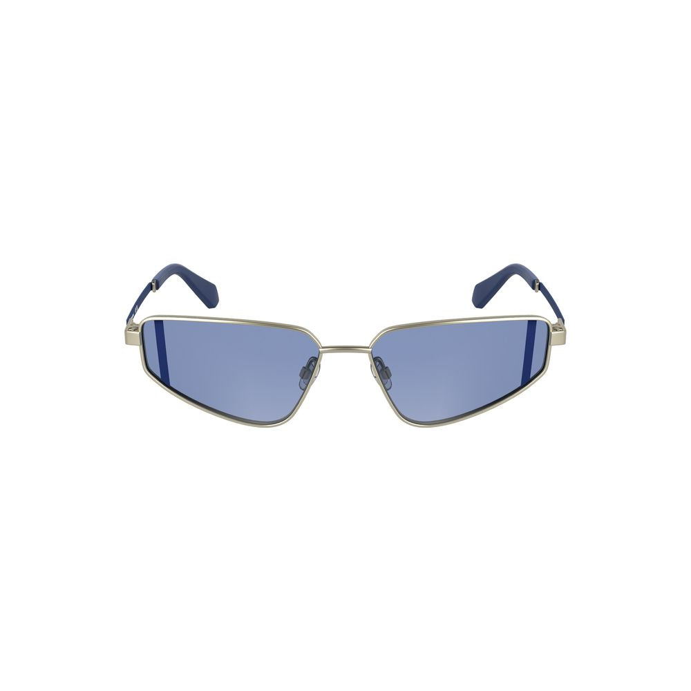 Calvin Klein Gray Metal Women Sunglasses with blue lenses and rectangular frame design, lens width 57 mm, bridge 15 mm, temples 140 mm.
