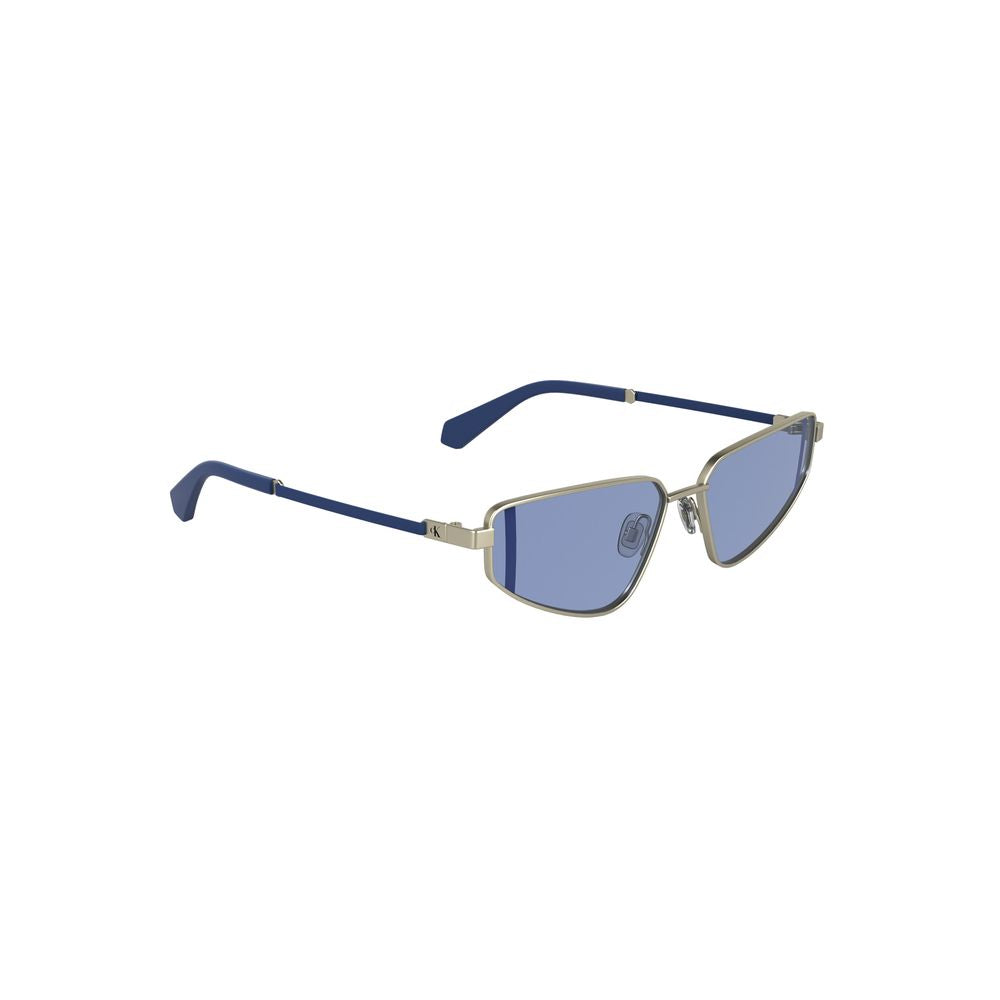 Calvin Klein Gray Metal Women Sunglasses with blue lenses, sleek rectangular design, lens width 57mm, bridge 15mm, temples 140mm.