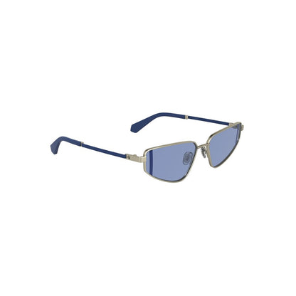Calvin Klein Gray Metal Women Sunglasses with blue lenses, sleek rectangular design, lens width 57mm, bridge 15mm, temples 140mm.