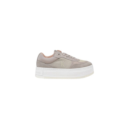 Calvin Klein Jeans Beige Recycled Cotton Platform Sneakers with embroidered CK logo and oversized sole, sustainable fashion for women.