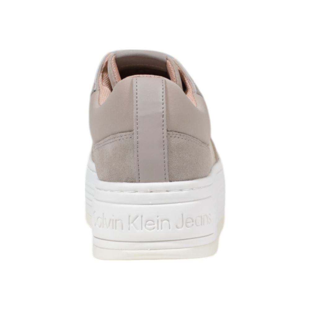 Back view of Calvin Klein Jeans Beige Recycled Cotton Platform Sneakers with logo on sole.