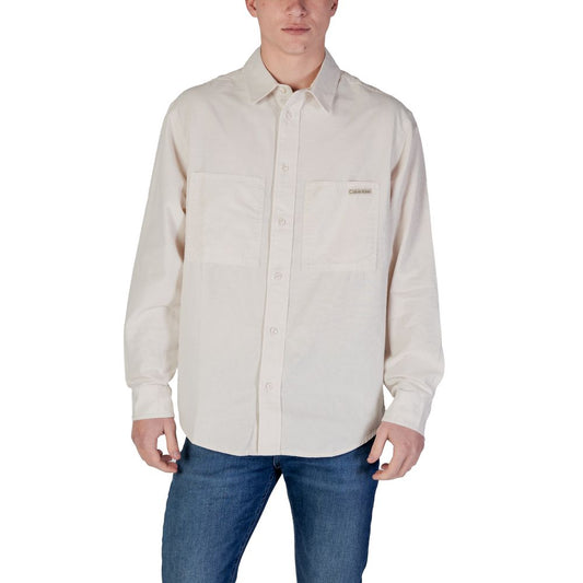 Calvin Klein Jeans Beige Recycled Cotton Shirt with long sleeves and front button closure, modeled for a casual yet refined style.
