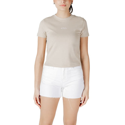 Calvin Klein Jeans Beige Recycled Cotton T-Shirt on woman, front view, minimal design with logo; casual, sporty style.