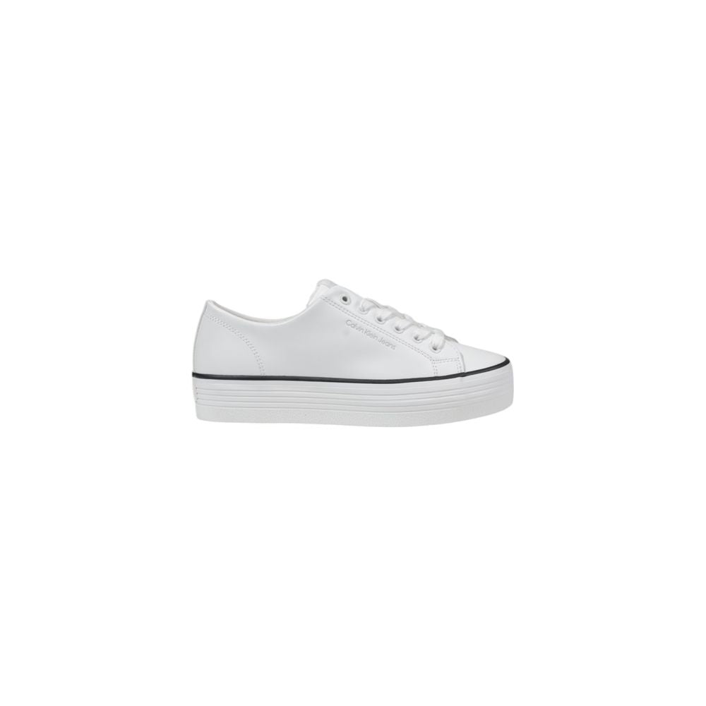 Calvin Klein Jeans Black And White Leather Platform Sneakers with lace-up closure and low-top design on a vulcanized sole.