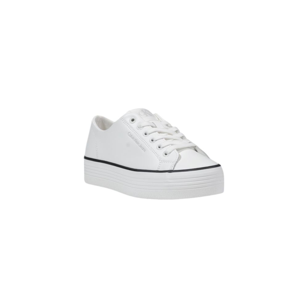 Calvin Klein Jeans Black And White Leather Platform Sneakers with vulcanized sole and lace-up closure, side view.