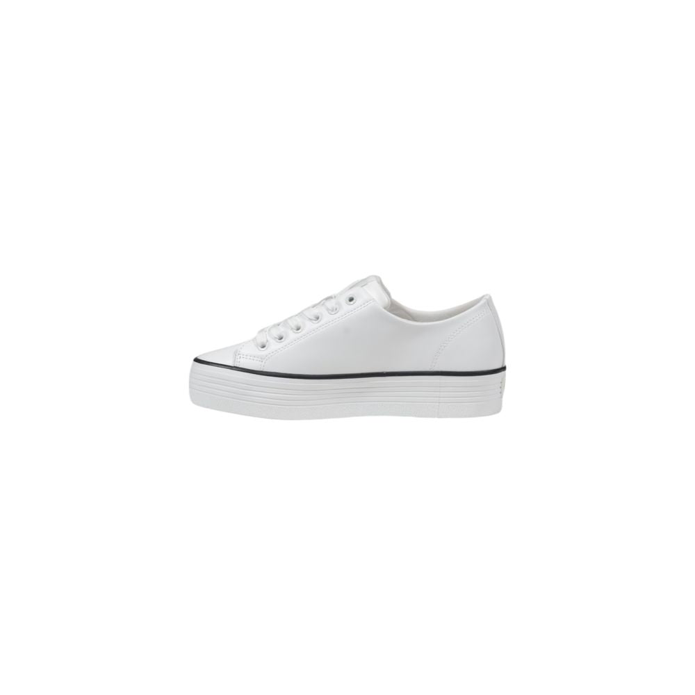 Calvin Klein Jeans Black And White Leather Platform Sneakers, low-top design with lace-up closure, 100% leather, side view.