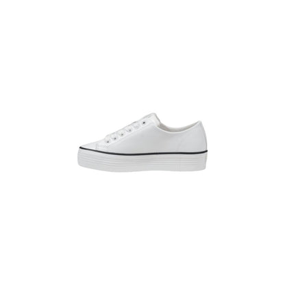 Calvin Klein Jeans Black And White Leather Platform Sneakers, low-top design with lace-up closure, 100% leather, side view.