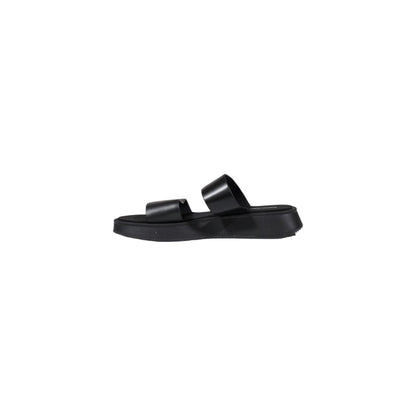 Calvin Klein Jeans Black Leather Flat Sandals featuring a minimalist design and durable sole for comfort and style.