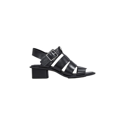 Side view of Calvin Klein Jeans Black Polyester Flat Sandals with square toe and buckle closure, showcasing elegant interlaced straps.