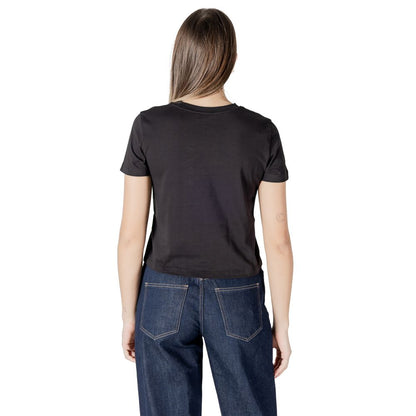 Back view of woman wearing Calvin Klein Jeans Black Recycled Cotton Sportswear t-shirt