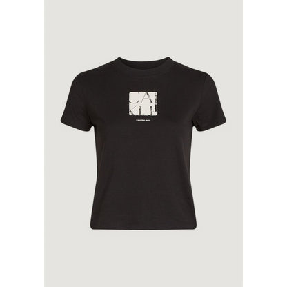 Calvin Klein Jeans Black Recycled Cotton T-Shirt with front graphic, women's eco-friendly short-sleeve fashion top for casual occasions.